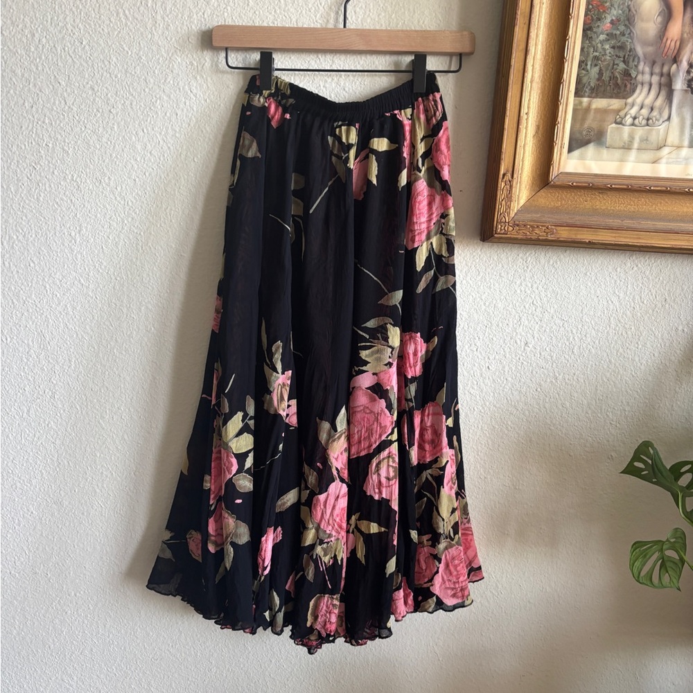 Coldwater Creek Black and Pink Floral Maxi Skirt